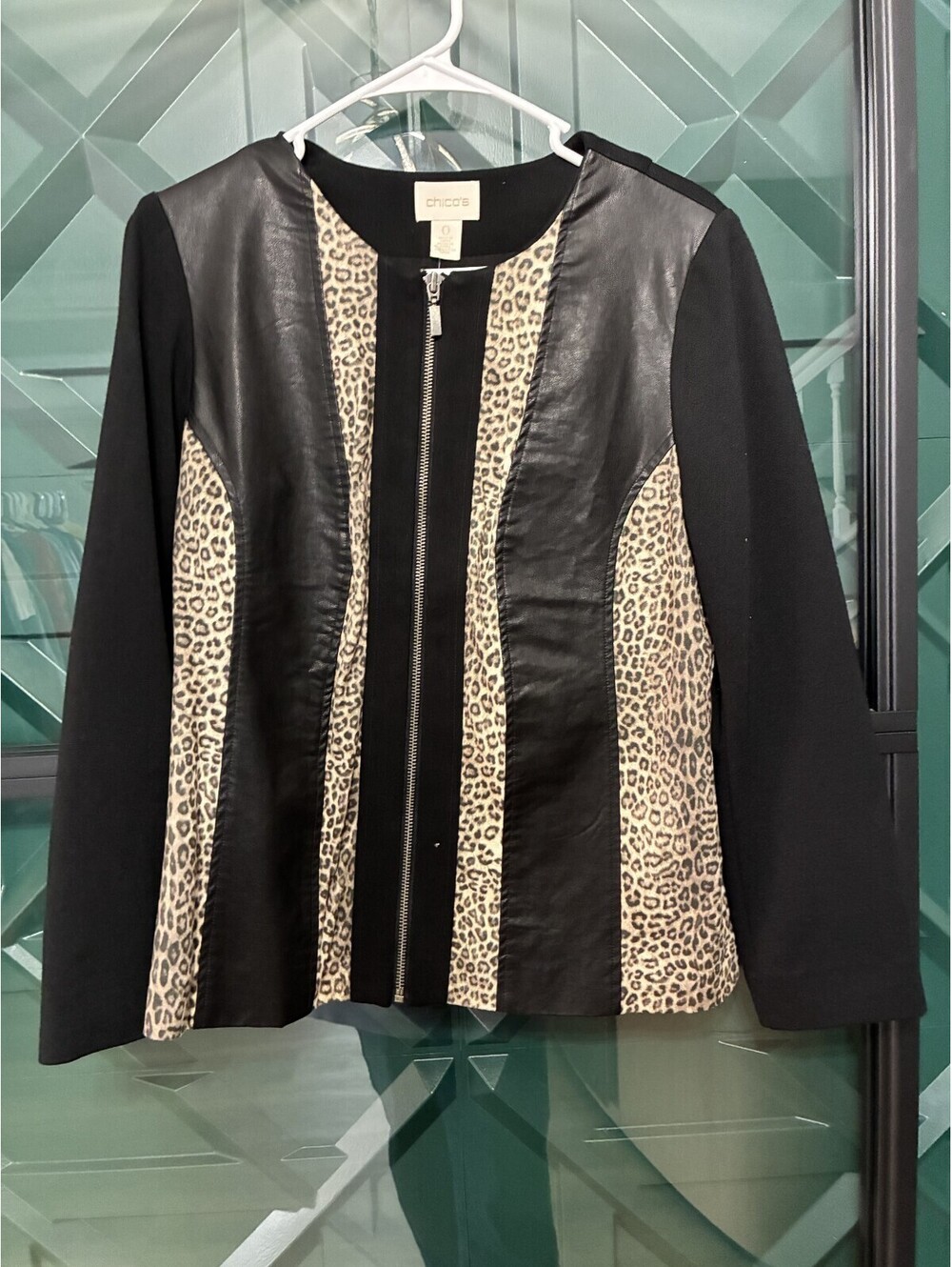 Chico's Black Leather/Animal Print Ladies Zip Up Blazer - Size 0
